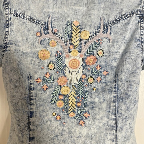 Ryan Michael Tops - Ryan Michael Western Shirt Women Small Blue Embroidered Floral Denim Skull Top